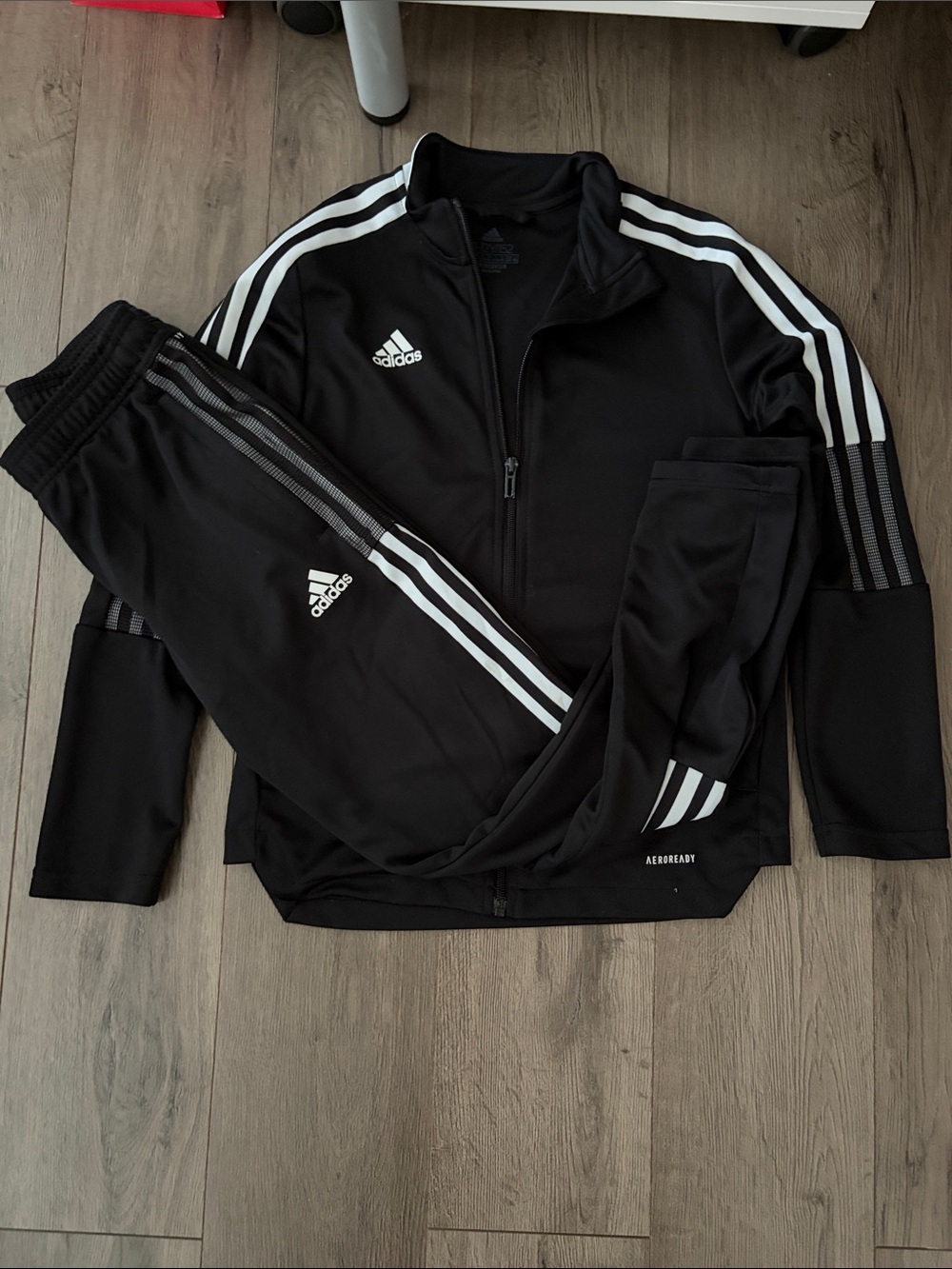 adidas Black Track Jacket and Pants with White Stripes. Boys size 11/12